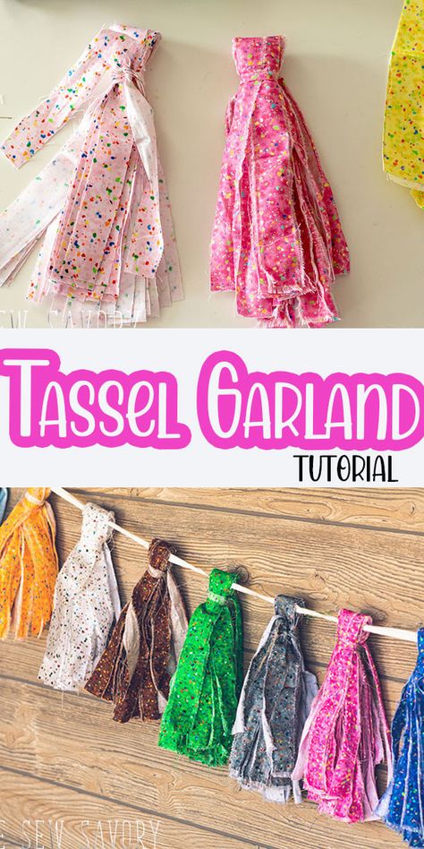 Homemade Fabric Garland, How To Make Fabric Tassels, Diy Flag Garland, Fabric Tassel Garland, Scrap Fabric Garland, Garland Diy Fabric, Bunting Ideas Unusual, Fabric Garland Diy, Fabric Strip Garland