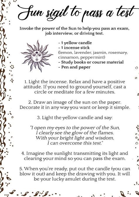 Spell For Test Success, Pass A Test Spell, Spell To Pass A Test, Spells To Pass An Exam, Pass Exam Spell, Spell For Good Grades, Sun Sigil, Manifestation Spells, How To Pass Exams