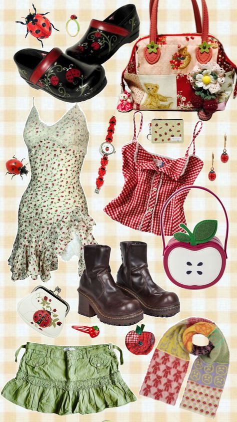 #twee #coquette #farmersmarket #y2k #vintage #ladybug #apples #2000s  #trendy #outfitinspo #outfit #OOTD Strawberry Shortcake Outfits, Ladybug Outfits, Outfits 2000s, Alt Clothes, Disneyland Outfits, Outfits Y2k, Funky Outfits, Cute Fit, Y2k Vintage