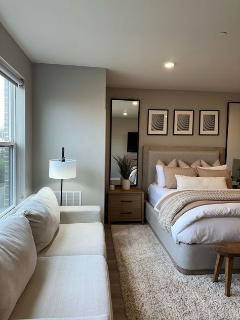 Small Master Remodel, Modern Gray Bedroom Ideas, Room Inspo For Couples, Small Couples Bedroom Ideas, Bedroom Ideas With Black Bed Frame, Boyfriend And Girlfriend Bedroom Ideas, Tan Comforter Bedroom Ideas, Townhome Decorating Townhouse Ideas, Apartment Decorating On A Budget Bedroom