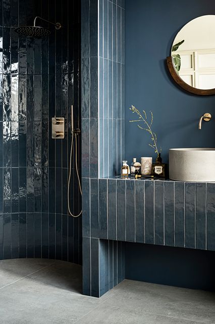 Series - Douglas & Jones Bad Inspiration, Bathroom Design Inspiration, Downstairs Bathroom, Bathroom Inspiration Decor, Bad Design, Tile Flooring, Blue Bathroom, Bathroom Renos, House Bathroom