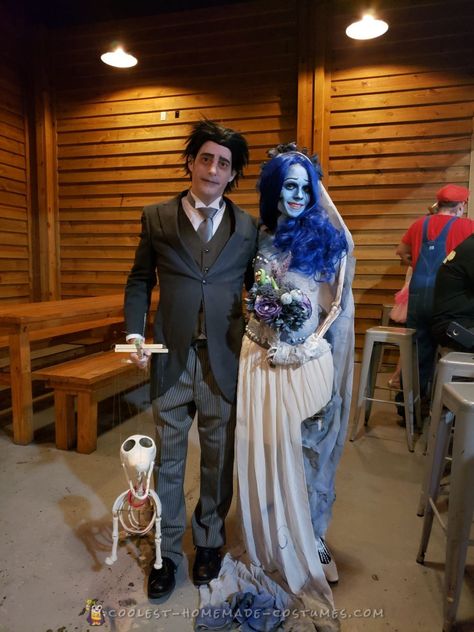 Coolest Ever DIY Corpse Bride and Victor Couple Costume with Scraps the Skeleton Dog Diy Corpse Bride, Corpse Bride And Victor, Emily Corpse Bride Costume, Victor Corpse Bride, Halloween Bride Costumes, Skeleton Dog, Corpse Bride Costume, Emily Corpse Bride, Horror Halloween Costumes