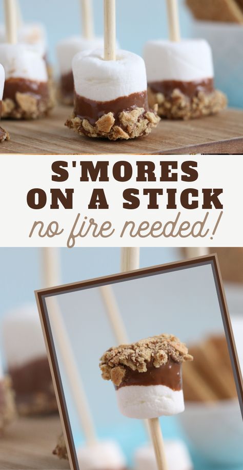 These No Fire Needed Smores Pops are such a simple and tasty dessert. With just three ingredients, there's no reason you can't make them now! #smoresdessert #easysmoresdessert #smores #3boysandadog No Fire Smores, Smores Kabobs, Vbs Dessert Ideas, Premade Smores, S’mores Pops, S’mores On A Stick, Adding Smore Love To The Family, S’more Love Baby Shower Ideas, Smores Display Ideas