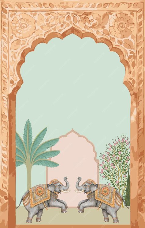 Traditional Mughal elephants in a garden with decorative arch frame | Premium AI-generated vector Mughal Garden Illustration, Mughal Architecture Illustrations, Decorative Arch, Traditional Background, Wedding Background Wallpaper, Hindu Wedding Invitation Cards, Digital Wedding Invitations Design, Pins Diy, Hindu Wedding Invitations