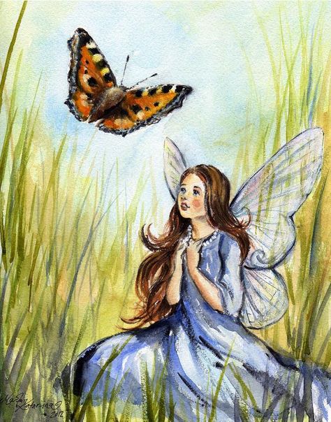 Marita Katariina - Spring Fairy and Butterfly. Watercolour painting. Fantasy fairy art. Fairy Watercolour Painting, Fairy Wings Painting Acrylic, Brunette Fairy Art, Faries Drawings Sketches, Fairy Painting Ideas, Cute Fantasy Art, Fairytale Images, Watercolour Fairy, Butterfly People