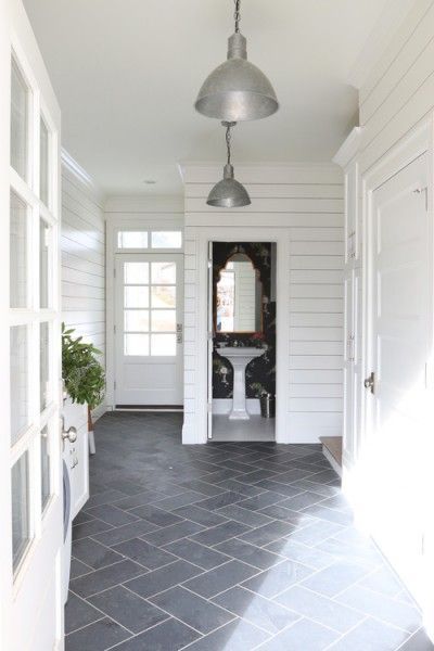 Mudroom Design - White Walls and Gray Tile Floor - Studio McGee Mudroom Tile, Mudroom Floor, Grey Cupboards, Large Tiles, Kitchen Stone, Entryway Tile, Laundry Floor, Slate Floor, Mudroom Flooring