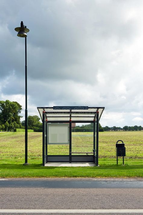 Empty Bus Stop. A bus stop is depicted standing in front of a field. Dark clouds , #AD, #depicted, #stop, #front, #standing, #Bus #ad Space Lamp, Loud House Sisters, Bus Stop Design, Bus Shelters, Bus Stand, Movie Shots, Photo Corners, Bus Station, Bus Stop