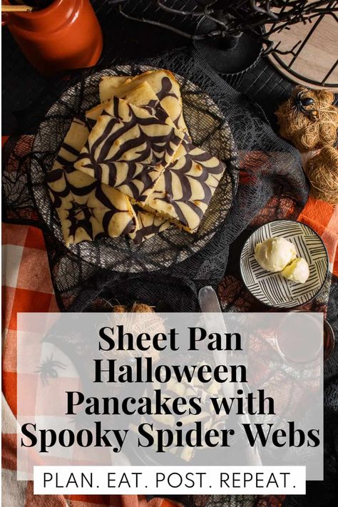 Make sheet pan Halloween pancakes with easy, kid-friendly spider web pancake patterns and serve the most fun Halloween breakfast treat! Halloween Pancakes, Halloween Breakfast, Yogurt Milk, Spooky Spiders, Spider Webs, Vanilla Yogurt, Breakfast Treats, Vegetarian Chocolate, Sheet Pan