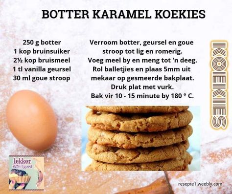 Botter karamel koekies Botter Koekies Resep, Soet Koekies South Africa, Koekies Resepte South Africa, Kersfees Koekies, 100 Cookies Recipe, Recipes For Cookies, Best Biscuit Recipe, Rock Recipes, Cookie Recipes Homemade