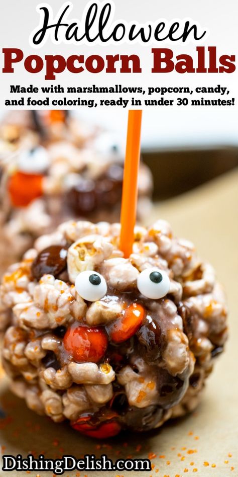 Halloween Popcorn Balls are the perfect fun treat and EASY to make, made with marshmallows, plain popcorn, candy, and food coloring, ready in under 30 minutes! Gluten Free Halloween Snacks, Gluten Free Halloween Desserts, Halloween Marshmallows, Halloween Popcorn Balls, Gluten Free Halloween Treats, Gluten Free Halloween, Popcorn Candy, Halloween Popcorn, Popcorn Balls