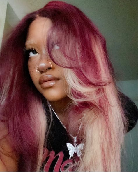 Blond And Burgundy Hair, Burgundy Hair With Pink Highlights, Pink Burgundy Hair, Blonde And Burgundy Hair, Coloring Wigs, Burgundy And Blonde Hair, Pink And Burgundy Hair, Pink And Blonde Hair, Salmon Hair