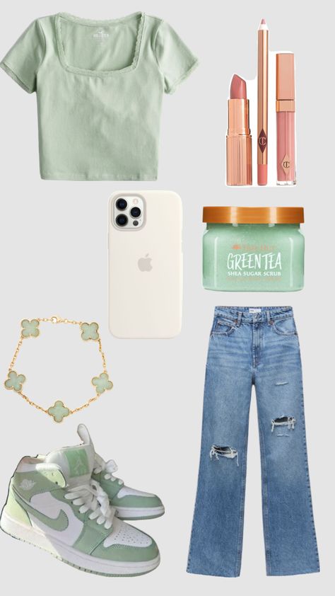 Color Themed Outfits, Air Jordans Green, Sage Green Outfit, Charlotte Tillbury, Preppy Fall Outfits, Casual Preppy Outfits, Lip Set, Preppy Girl, Trendy Outfits For Teens