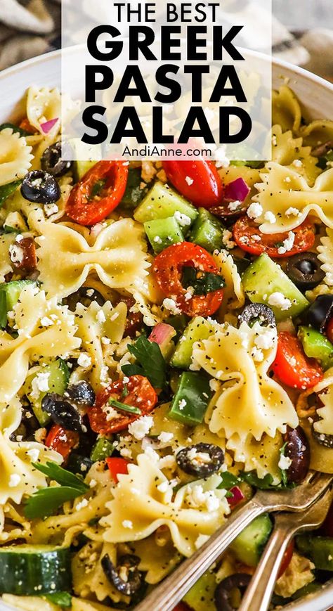 This easy greek pasta salad recipe is made with bowtie pasta, crumbled feta cheese and easy chopped vegetables like tomatoes, cucumber, and bell pepper. All tossed together with crumbled feta cheese and greek salad dressing. It's a cold pasta salad recipe perfect for serving at your next gathering. Chicken Bow Tie Pasta Salad, Chicken Bow Tie Pasta, Easy Greek Pasta Salad, Cucumber Pasta Salad, Bowtie Pasta Salad, Greek Pasta Salad Recipe, Summer Pasta Salad Recipes, Feta Pasta Salad, Greek Pasta Salad