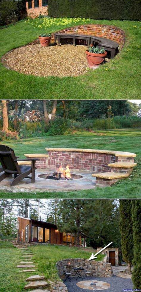 Fire Pit Layout, Sloped Backyard Landscaping, Landscaping On A Hill, Garden Seating Area, Sloped Yard, Sloped Backyard, Fire Pit Seating, Garden On A Hill, Sloped Garden