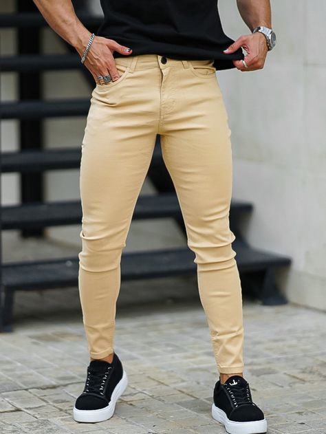 Caqui  Collar  Tela Liso Pantalón pitillo Embellished Elástico Alto  Mezclilla para hombre Casual Denim Jeans, White Jeans Men, Marvel Hoodies, Khaki Pants Men, Beige Outfit, Printed Sleeveless Top, Dark Jeans, Casual Denim, Kids Sleepwear