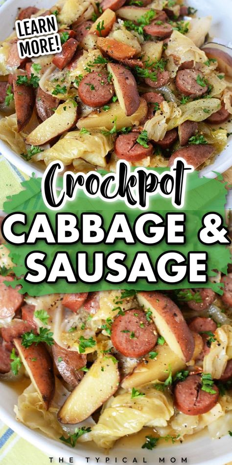 Crockpot cabbage and sausage is the best dinner or lunch that kids and adults alike will enjoy. This healthy meal is made with only a few simple ingredients that make this dish so tasty. Easy cabbage and sausage in the slow cooker is the best dinner that everyone will love. Try this easy recipe today! Sausage Potato Cabbage Crockpot, Crockpot Cabbage Sausage And Potatoes, Crock Pot Cabbage And Sausage, Cabbage And Kielbasa Crockpot, Cabbage Potatoes And Sausage Crockpot, Keibasa Sausage And Potatoes Crockpot, Crockpot Cabbage And Potatoes, Slow Cooker Kielbasa And Potatoes, Cabbage Sausage Potatoes