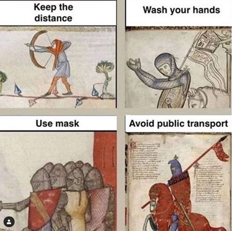 https://i.chzbgr.com/full/9474534656/hE3EC0770/person-keep-distance-wash-hands-use-mask-avoid-public-transport Crusades Art, Stone Emoji, Funny Medieval, Medieval Memes, Weird History, Historical Humor, Funny Art History, Medieval Artwork, Classical Art Memes