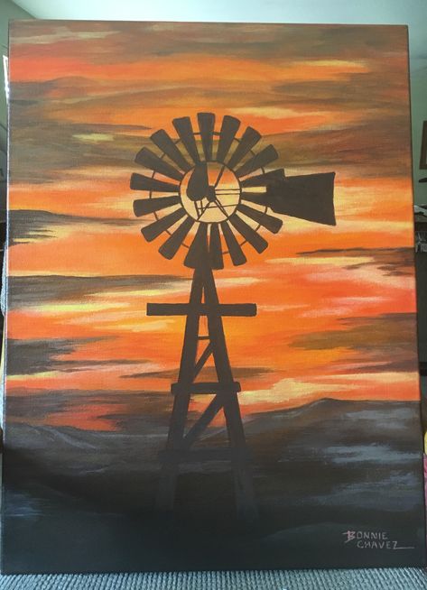 Aboriginal Art Ideas, Western Things To Paint On Canvas, Country Sunset Painting, Country Acrylic Painting, Diy Western Canvas Painting, Windmill Painting Easy, Western Things To Paint, Easy Western Painting Ideas On Canvas, Country Paintings On Canvas