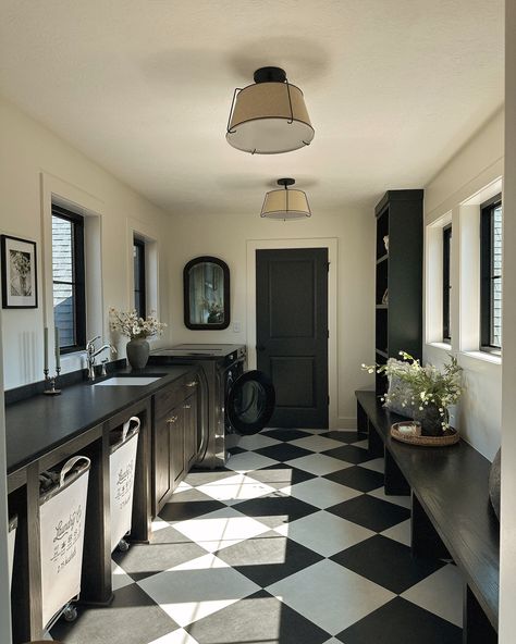 Laundry isn’t so bad when you have a pretty space to do it #formandfunction Black And White Checkered Floor Mudroom, Laundry Room Tile Floor Black And White, Black And White Floor Laundry Room, Black And White Checked Bathroom Floor, Gray And White Checkered Tile Floor, Checkered Floor Mudroom, Black And White Tile Laundry Room, Checkered Laundry Room, Checkered Laundry Room Floor