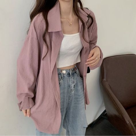 Brand New With Tag Mauve Outfit, Street Y2k, Closure Design, Korean Casual Outfits, Loose Fit Shirts, Everyday Fashion Outfits, Button Blouse, Simple Trendy Outfits, Turndown Collar