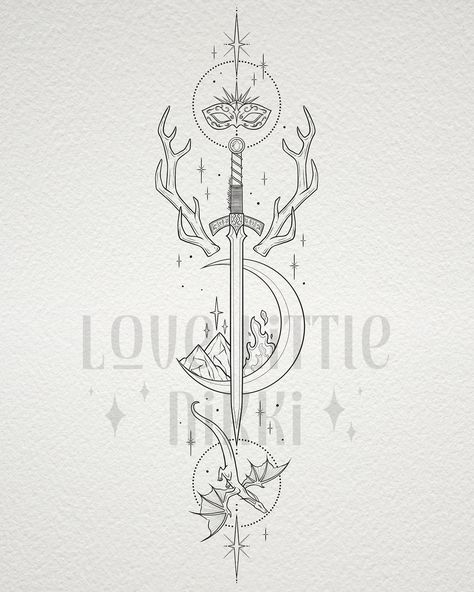 SJM Goldryn sword tattoo design for Amanda 🗡️✨ this one is an ACOTAR x Throne of Glass cross over! Thank you for your trust Amanda 📚📖 #acotar #throneofglass #bookish Womens Half Sleeve Tattoo Lower Arm, Fantasy Spine Tattoo, Throne Of Glass Spine Tattoo, Book Spine Tattoo, You Do Not Yield Tattoo, Ataraxia Tattoo, Elven Tattoo, Velaris Tattoo, Fourth Wing Tattoo