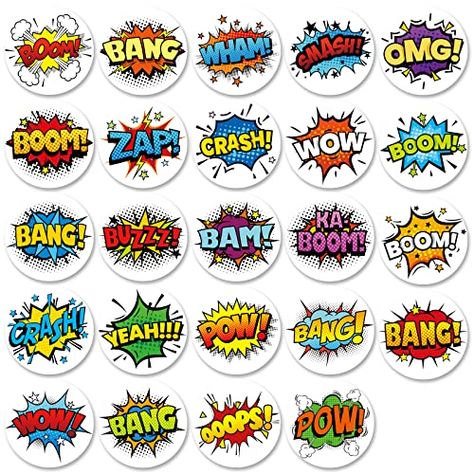 PRICES MAY VARY. SUPERHERO STICKERS -- The package including 480 counts round super hero boom element with 24 designs . The diameter of each sticker is 1.5 inch. Great quantity for party favors, party decor, daily and small business. COOL AND BEAUTIFUL DESIGN -- Those superhero stickers are designed with cool quotes and used bright color as background. A cool and beautiful addition to the the hero theme party. PERFECT SIZE OF STICKERS -- The size of each quotes sticker is approx 1.5 inch in diam Superhero Stickers, Anime Theme, Gifts Bags, Car Bike, Superhero Party, Kids Ideas, Quote Stickers, Head Start, Goodie Bags