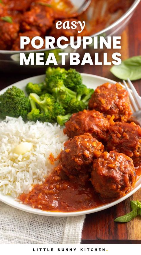 Porcupine Meatballs are an easy and flavorful meal made with ground beef and rice, simmered to tender perfection in a homemade tomato sauce. Porcupine Meatballs Tomato Soup, Hamburger Meat Recipes Ground, Porcupine Meatballs Recipe, Tomato Sauce For Meatballs, Homemade Meatballs Easy, Ground Beef Meatballs, Porcupine Meatballs, Ground Beef And Rice, Meatballs And Rice