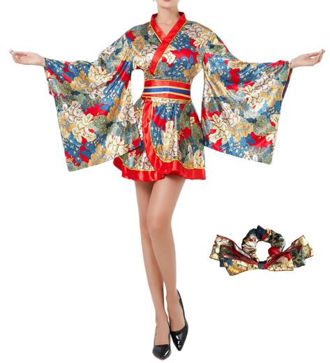 PRICES MAY VARY. 【Material】 This product is made of high quality polyester, using hot stamping process. 【design】A traditional Japanese kimono in the style of Japanese anime, This dress adopts more advanced printing techniques, gold bronzing technology, and the golden stripes beside the flowers shine in the light, revealing an elegant atmosphere all the time. This outfit will never disappoint. We also have a wide range of styles, you can find them in our stores. 【Size】We only have one size for th Japanese Outfit Ideas, Kimono Outfit Japanese, Traditional Geisha, Kimono Costume, Process Design, Traditional Japanese Kimono, Kimono Outfit, Fashion Dictionary, Traditional Kimono