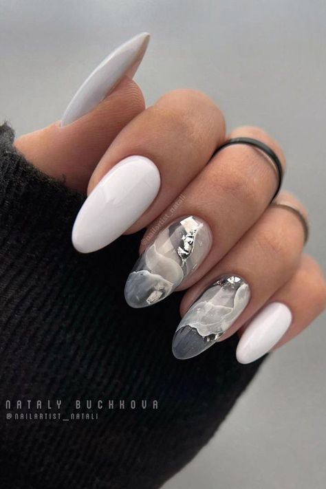 19 Stunning Silver Winter Nail Ideas for 2023-2024 - thepinkgoose.com Future Nails, White Gel Nails, Grey Nail Designs, Nail Goals, Themes Wedding, White And Silver Nails, Marble Nail Designs, Nails Gold, White Glitter Nails