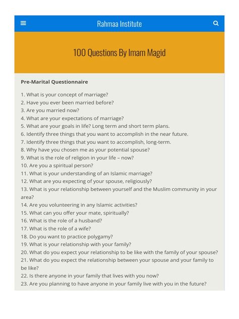 100 Questions by Imam Magid - Rahmaa Institute | PDF | Anger | Marriage Questions To Ask Before Marriage Islam, Premarital Questions, Marriage In Islam, Marriage Questions, Muslim Marriage, Family Roles, Islam Marriage, 100 Questions, Lifestyle Habits