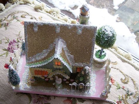 Sweet French Easter Bunny Cottage Spring Easter Rabbit by BERGLAND, $48.00 Cody Foster Christmas, Cody Foster, Shabby Christmas, Christmas Village Houses, Glitter Houses, Cardboard House, Pink Poodle, Putz Houses, Shabby Chic Christmas