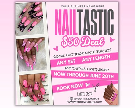 Nail Deal Flyer, Nail Special Flyer, Nail Tech Sale Flyer, Nail Flash Sale Flyer, Nail Booking Flyer, Nail Promotion Flyer, Nail Promo Template Nail Appointments Book Now DIY Canva Social Media Template  Edit the template with the free graphic design tool, Canva and you can create a beautiful, eye catching design to promote your business in just minutes.  WHAT IS INCLUDED * Canva  template for smartphone in size : 1080x1080 px. * Instant download. After purchase, you will receive an email with a Nail Deals Flyer, Nail Tech Deals, Nail Promotion Poster, Nail Discount Ideas, Nail Sale Flyer, Nail Tech Flyer Ideas, Nail Promotions Ideas, Nail Flyer Ideas, Nail Profile