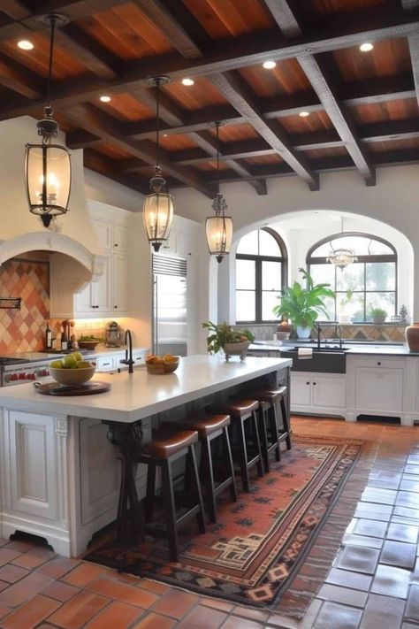 Hacienda Style spanish kitchen with island Modern Mediteranian Kitchens, House Design Spanish Style, Spanish Style Homes Kitchen, Mexican Farmhouse Decor Hacienda Style, Spanish Adu, Spanish Style Kitchen Mexican Hacienda, Spanish Style Homes Interior Kitchen, Mexican Modern House, Spanish House Interior