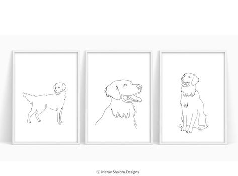 Golden Retriever Line Art Set of 3 Minimalist Wall Art - Etsy Canada Golden Retriever Sketch, Golden Retriever Tattoo, Wall Art Drawing, Drawing Dogs, Dog Line Drawing, Golden Retriever Art, Dog Portraits Art, Dog Line Art, Dog Line