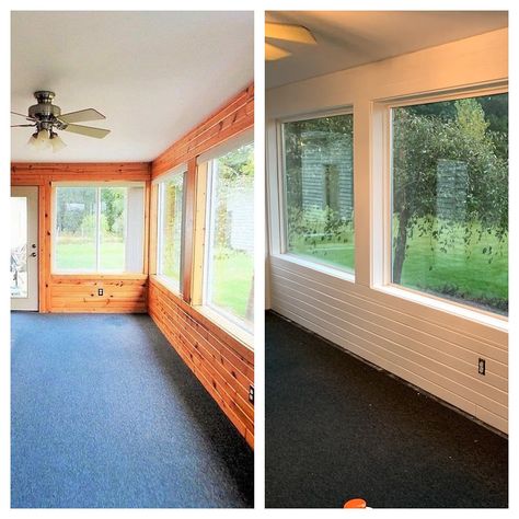 Benjamin Moore Simply White, Knotty Pine Doors, Pine Paneling, Knotty Pine Paneling, Knotty Pine Walls, Me Neither, Indoor Outdoor Carpet, Faux Beams, Pine Walls