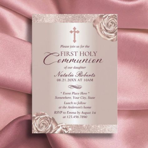 $2.85 | First Holy Communion Modern Rose Gold Floral #first holy communion, communion, first communion, religious, girl, elegant, holy cross, floral, rose gold glitter, modern Holy Communion Invitations, Rosé Theme, First Communion Invitations, Glitter Invitations, 1st Communion, Communion Invitations, Holy Cross, Engagement Party Invitations, Graduation Party Invitations