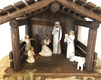 Christmas Nativity Scene Display, Nativity Scene Display, Fontanini Nativity, Nativity Stable, Christmas Manger, Barn Signs, Lake Arrowhead, Christmas Nativity Scene, Christmas Wood Crafts