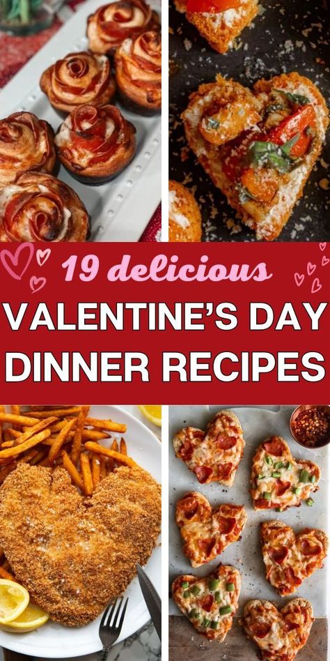 19 Valentine’s Day Dinner Ideas and 4 photos of different valentines day-themed recipes (heart shaped food and rose-shaped muffins) Easy Romantic Dinner For Two, Heart Shaped Food Valentines, Romantic Dinner At Home Decorations, Kids Holiday Recipes, Romantic Dinner Ideas For Two, Unique Dinner Ideas, Vday Dinner, Easy Romantic Dinner, Family Valentines Dinner