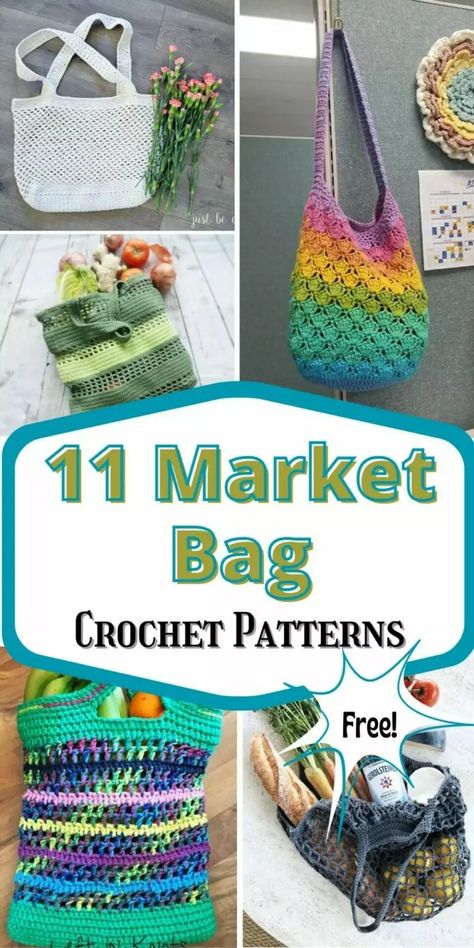 Pick from these 11 free crochet market bag free patterns to make an eco friendly reusable bag. They are a collection of tutorials for easy, aesthetic and durable totes perfect for your visit to the farmer's market or grocery store. Free Crochet Market Bag, Market Tote Pattern, Crochet Grocery Bag, Crochet Market, Free Crochet Bag, Bag Pattern Free, Market Tote Bag, Crochet Market Bag, Market Bags