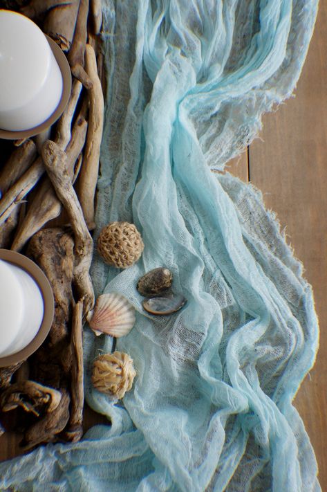 Boho Wedding Gauze Table Runner Aqua Blue Wedding Cheesecloth - Etsy Beachy Centerpieces, Boho Wedding Table, Ocean Wedding Theme, Sea Glass Wedding, Aqua Blue Wedding, Beach Wedding Tables, Gauze Table Runner, Blue Beach Wedding, Cheesecloth Table Runner