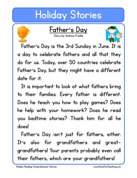 This Reading Comprehension Worksheet - Father's Day is for teaching reading comprehension. Use this reading comprehension story to teach reading comprehension. Second Grade Reading Comprehension, Holiday Reading Comprehension, Third Grade Reading Comprehension, Second Grade Reading, First Grade Reading Comprehension, Reading Comprehension For Kids, Teaching Reading Comprehension, English Stories For Kids, Reading Comprehension Lessons