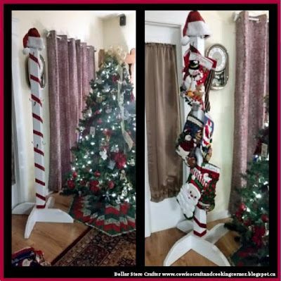 Dollar Store Crafter: Turn An Old Coat Rack Into A North Pole Stocking H... Christmas Stocking Holder Stand, Christmas Stocking Stand, Christmas Stockings Diy, Stocking Holder, Christmas Stocking Holders, Christmas Decorations Living Room, Diy Boho, Christmas Wood Crafts, Diy Christmas Decorations