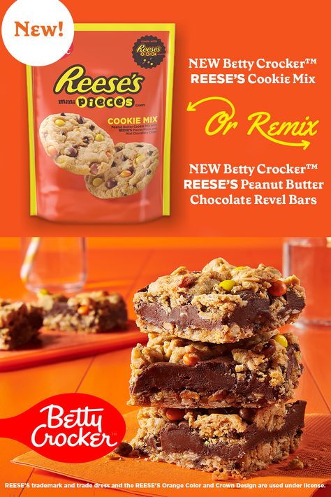 A little piece of happiness in every bite. Take our New Betty Crocker™ REESE’S Pieces Cookies to the next level. Betty Crocker Peanut Butter Chocolate Revel Bars, Betty Crocker Reese’s Revel Bars, Betty Crocker Reeses Bars, Chocolate Revel Bars, Reeses Desserts, Candy Brownies, Reese's Recipes, Revel Bars, Reese's Pieces Cookies