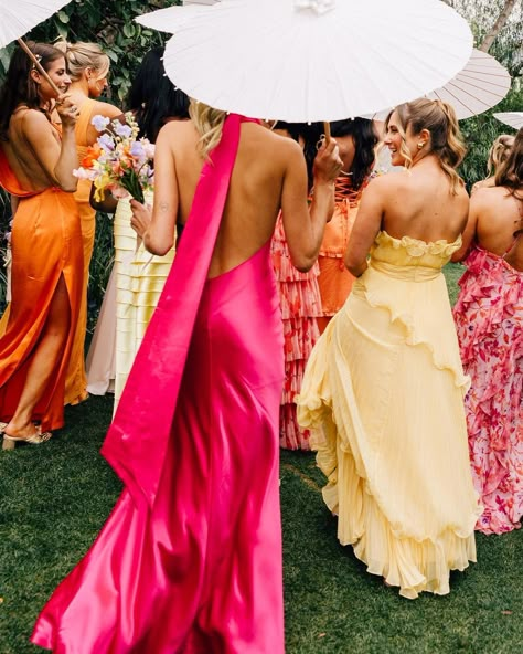 Editorial Wedding Photographer | Cleo gave her bridesmaids a color palette and told them to choose all their own dresses. This gives your bridesmaids the chance to choose… | Instagram Colorful Black Tie Wedding Guest, Wedding Guest Dress Garden Party, Bridesmaid Pink Dress, Colorful Wedding Dress Code, Colourful Wedding Guests, Garden Party Bridesmaids Dresses, Different Coloured Bridesmaid Dresses, Bridesmaid Colour Scheme, Wedding Guest Dress Code Color Scheme