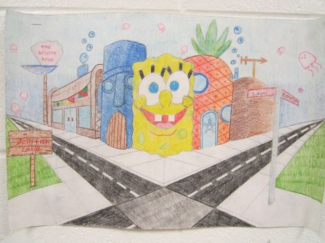 City in two point perspective Point Perspective Drawing Ideas, Perspective Drawing Ideas, Two Point Perspective City, Linear Perspective Drawing, Hilograma Ideas, 2 Point Perspective Drawing, 2 Point Perspective, Two Point Perspective, 7th Grade Art