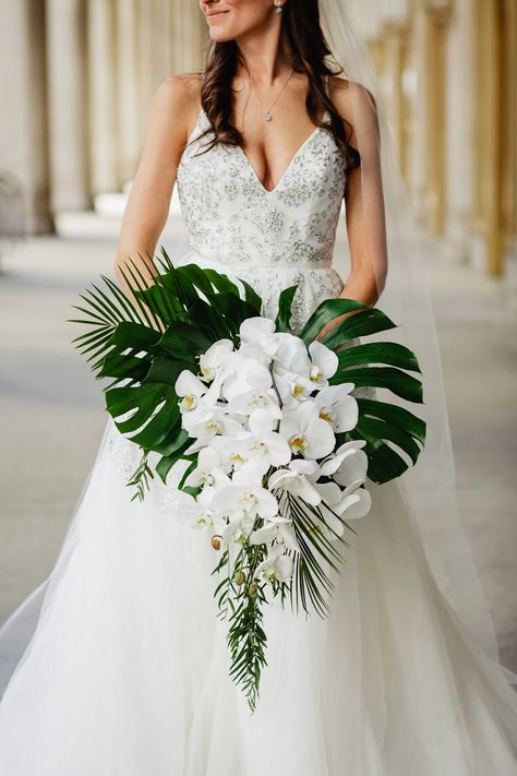 Palm Bridesmaid Bouquet, Wedding Bouquets Palm Leaves, Monstera Bridesmaid Bouquet, Beach Wedding Palm Leaves, Cascading Tropical Bouquet, Hawaiian Bride Bouquet, White Tropical Flower Bouquet, Orchid And Palm Bouquet, Tropical Cascading Bridal Bouquet