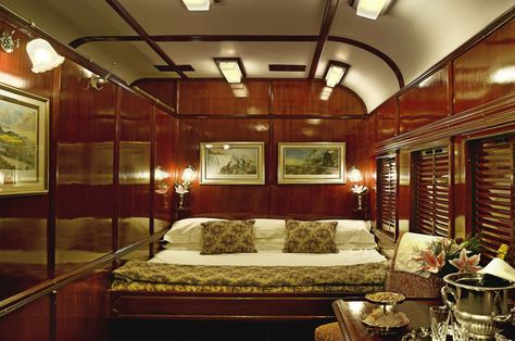 #queen #bed #luxury #train #rail #travel #compartment #sleeper #bedroom Rovos Rail, Orient Express Train, Rail Train, Train Tour, Blue Train, Luxury Train, Train Service, Orient Express, Train Journey