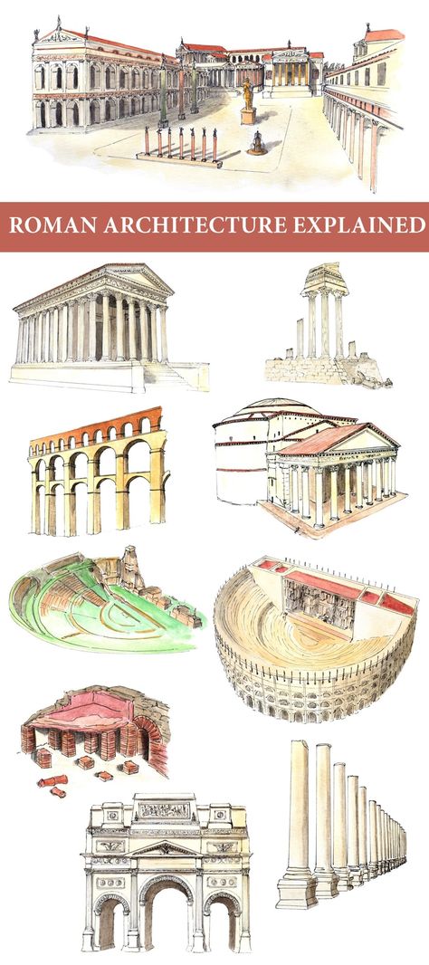 Roman architecture explained - A mini Guide available for download on www.RoadTripsaroundtheWorld.com Roman Architecture Drawing, Plan Architecture Drawing, Architecture Drawing Beginner, Japanese Architecture Drawings, Ancient Rome Architecture, Gothic Architecture Drawing, Rome Architecture, Ancient Roman Architecture, Architecture Drawing Presentation