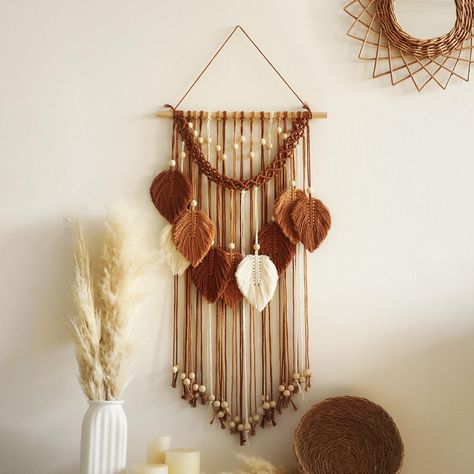 PRICES MAY VARY. 【High-Quality Material】- Our macrame wall art is handcrafted cotton cords, ensuring a clean and soft texture. 10 Macrame Leaf Wall Hanging with wood poles and wood beads as decoration, highly durable, sturdy and stable. This bohemian home decor is safe for your family 【Elegant Leaf Wall Decor】 - Elevate your home's ambiance with our Bohemian Macrame Wall decor, Simple and elegant tassel tapestry suitable for various decoration styles. This boho aesthetic wall hanging macrame wil Yarn Hanging Decor, Macrame Aesthetic Room, Fall Crafts Wall Decor, Macrame Wall Hanging Aesthetic, Dorm Room Tapestry Ideas, Harry Potter Macrame, Small Bedroom Wall Decor, Fall Macrame Ideas, Rustic Boho Living Room Decor