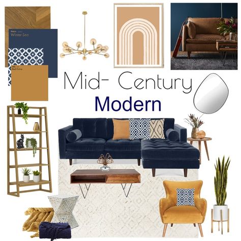 Mid- Century Interior Design Mood Board by Asscher Designs - Style Sourcebook Modern Furniture Mood Board, Moodboard Interior Design Office, Bedroom Styles 2023, Colorful Mid Century Modern Furniture, Mid Century Modern Navy Living Room, Mid Century Living Room Mood Board, Modern Style Mood Board, Modern Moodboard Interior Design, Mid Century Mood Board Interior Design